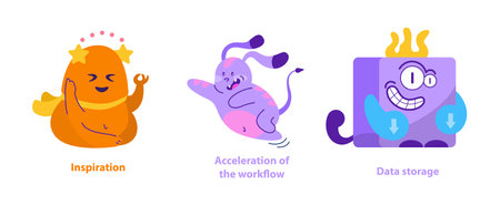 Monster Helpers set. Creative and productivity themes expressed through cheerful monsters embodying inspiration, workflow, and data storage. Vector illustration.のイラスト素材