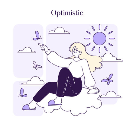 Optimistic concept. A young woman sits on a cloud, pointing towards the sun, embodying positivity and a hopeful outlook. A celebration of optimism. Vector illustrationのイラスト素材