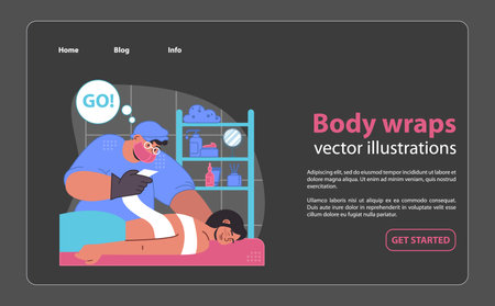 Relaxing body wrap treatment. A serene client enjoys a spa session with a skilled beautician preparing a rejuvenating wrap. Flat vector illustration.のイラスト素材