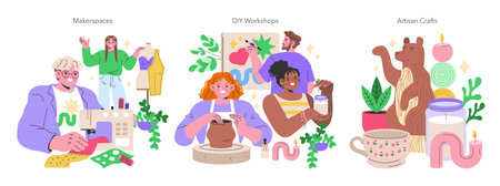 Maker Culture concept A vibrant showcase of makerspaces, DIY workshops, and artisan crafts, highlighting hands-on creativity and personal craftsmanship Vector illustrationのイラスト素材
