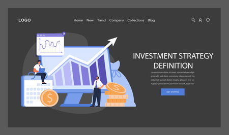 Strategic Investment web or landing set. Defining robust investment strategies, analyzing market graphs for wealth growth. Expert financial planning in action. Flat vector illustration.のイラスト素材