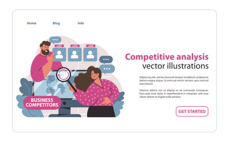 Competitive analysis concept. Professionals evaluating business competition, using data and strategic tools. Market intelligence and analysis framework. Flat vector illustration.のイラスト素材