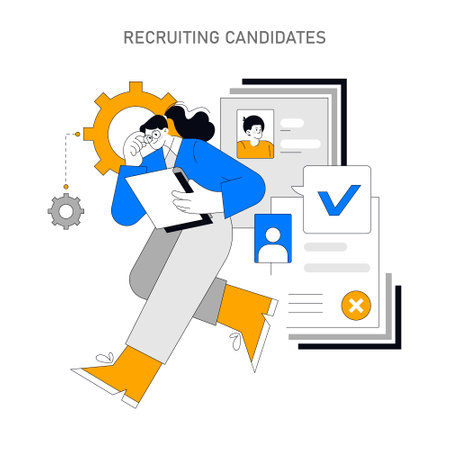 Recruiting candidates concept. A meticulous process of evaluation and selection portrayed with a businesswoman reviewing resumes. Job search, recruitment dynamics. Vector illustration.のイラスト素材