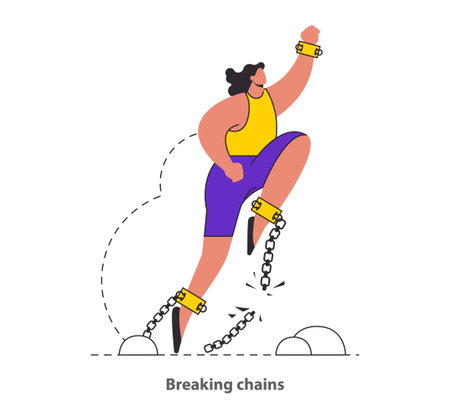 Chains Breakthrough concept A figure triumphantly breaks free from shackles, depicting the power of overcoming obstacles Celebrates liberation and the strength of the human spirit Vector illustrationのイラスト素材