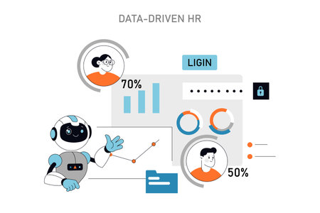Data-Driven HR concept A friendly robot presents analytics on employee performance Secure login process for HR systems Simplifying HR tasks through automation Vector illustrationのイラスト素材