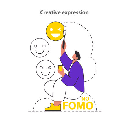 Conquering FOMO concept. A person finds joy in creativity, painting happy faces and embracing the No FOMO mindset. Self-care and mindful living. Vector illustration.のイラスト素材