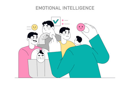 Emotional Intelligence concept. Individuals showcasing a variety of emotions with labeled facial expressions. Understanding and managing feelings. Vector illustration.のイラスト素材