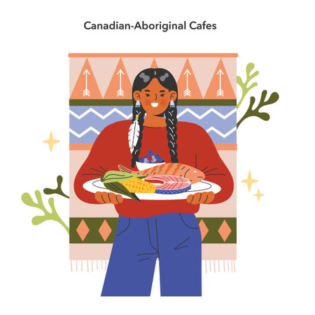Canadian-Aboriginal culinary tradition. A smiling woman presents traditional indigenous cuisine. Indigenous patterns and vibrant colors. Vector illustration.のイラスト素材