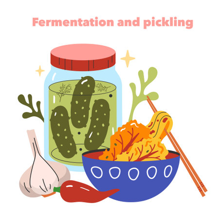 Fermentation concept. Pickles in a jar and kimchi in a bowl illustrate home pickling methods with garlic and chili. Vector illustration.のイラスト素材