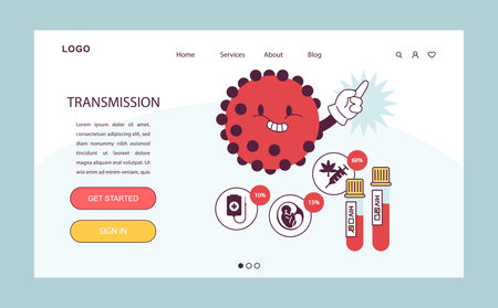 World AiDs day web banner or landing page. HIV cell, immunodeficiency virus transmission types. Human blood sample. Dangerous disease awareness. Flat vector illustrationのイラスト素材