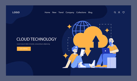 Cloud technology concept. Digital connectivity with a cloud, global network, and people using devices. Web page design template. Vector illustration.のイラスト素材