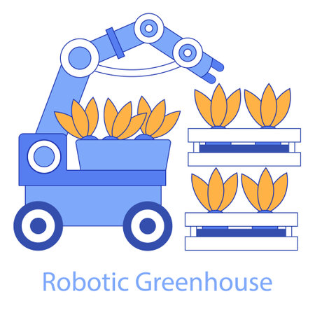 Robotic Greenhouse concept. Automated plant care for efficient agriculture. The synergy of robotics and botany enhancing productivity. Vector illustration.のイラスト素材