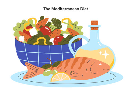 Dietary Trends concept. A colorful depiction of the Mediterranean diet with fresh vegetables, fish, and olive oil. Nutritious eating lifestyle illustration. Vector illustration.のイラスト素材