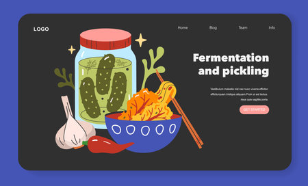 Fermentation and Pickling concept. A webpage design illustrates the process with pickles in a jar and kimchi. Explore culinary traditions through vector illustration.のイラスト素材