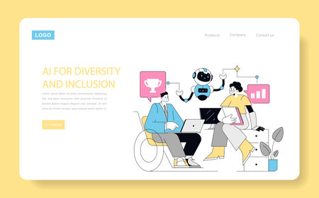 AI for Human Resources concept. Diverse characters with a robot promoting inclusivity in the workplace. Future of recruitment and team building. Vector illustration.のイラスト素材