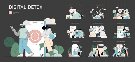 Digital Detox set. Embracing life without digital devices through various mindful activities. Unplugging, offline relaxation, tech-free interactions. Vector illustration.のイラスト素材