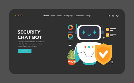 Security Chat Bot dark or night mode web, landing. Digital guardian bot with protective shield, data safety and cyber protection. Enhanced online security. Flat vector illustrationのイラスト素材