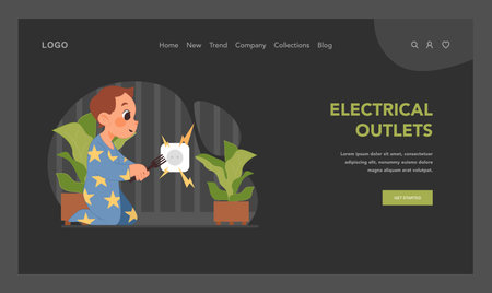 Electrical safety warning. Oblivious curious toddler in pajamas reaching to insert fork into outlet. Need for outlet covers. Preventing child injuries and accidents. Flat vector illustrationのイラスト素材
