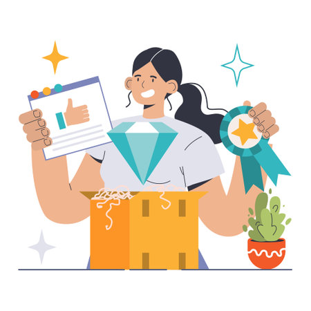 Value Proposition theme. Confident woman showcases a thumbs-up document, prized diamond, and a quality badge. Communicating unique selling point, market excellence. Flat vector illustrationのイラスト素材