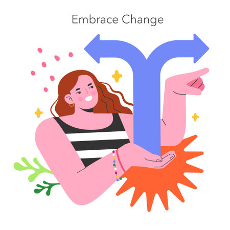 YOLO concept. Joyful person choosing a path and embracing lifes options, symbolized by vibrant arrows. Celebrating spontaneity and decision-making. Vector illustration.のイラスト素材