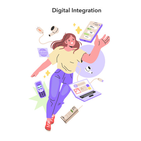 Digital Integration concept. A young woman revels in the ease of modern connectivity, surrounded by gadgets that define digital life. An energetic display of tech harmony. Vector illustration.のイラスト素材