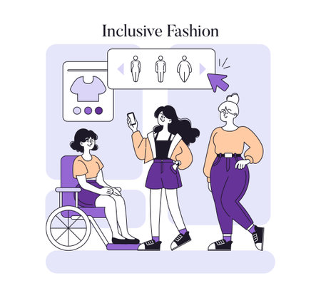 Inclusive Fashion concept. Diverse women selecting clothes, including a person in a wheelchair, promoting body positivity. Accessibility, diversity, and inclusion in fashion. Vector illustration.のイラスト素材