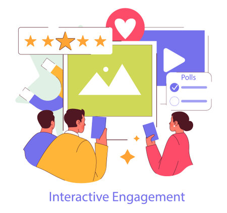 Interactive Engagement concept. Individuals engage with digital content through likes, ratings, and polls. Involvement in interactive media platforms. Vector illustration.のイラスト素材