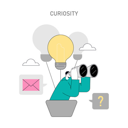 Soft Skills concept. A person using binoculars seeking ideas symbolized by a lightbulb balloon. Exploring curiosity and innovation. Vector illustration.のイラスト素材