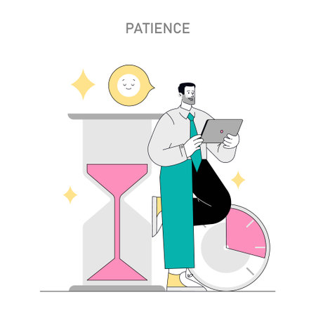Soft Skills concept. Illustration reflecting patience through a man serenely waiting with a tablet and hourglass. Personal growth and emotional intelligence. Vector illustration.のイラスト素材