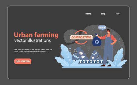 Man proudly showcasing the composting process, turning waste into fertile soil for urban farming practices. Flat vector illustrationのイラスト素材