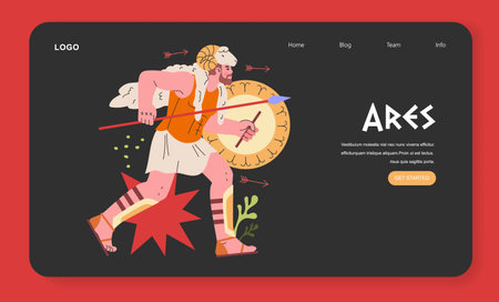 Ancient Greek Gods concept. A dynamic illustration of Ares, the Olympian god of war, poised with a shield and spear. Mythology, battle spirit, ancient culture. Vector illustration.のイラスト素材