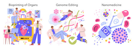 Future Medicine set. Bioprinting organs, genome editing, and nanomedicine innovations. Medical professionals working with advanced technology. Vector illustration.のイラスト素材