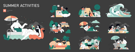 Summer Activities set. Leisure scenes from poolside relaxation to camping and surfing. Enjoying warm weather, outdoor adventures, and moments of relaxation. Vector illustration.のイラスト素材