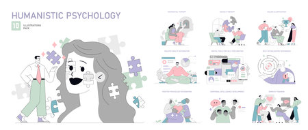 Humanistic Psychology set. Illustrations depicting therapy, self-growth, and emotional intelligence. Existential to digital self-help techniques. Vector illustration.のイラスト素材