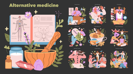Alternative Medicine concept. Diverse holistic health practices including herbal, acupuncture, and yoga. Healing traditions with plants, crystals, and bodywork. Vector illustration.のイラスト素材