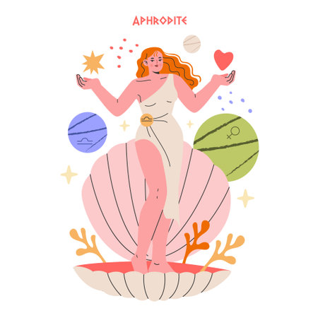 Ancient Greek Gods concept. Aphrodite, goddess of love, graces a seashell with celestial symbols and marine elements. Myth, beauty, and romance in harmony. Vector illustration.のイラスト素材