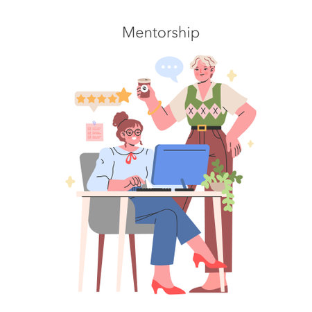 Mentorship concept A supportive mentoring scene depicting guidance and skill development in a professional setting Growth and learning focus Vector illustrationのイラスト素材