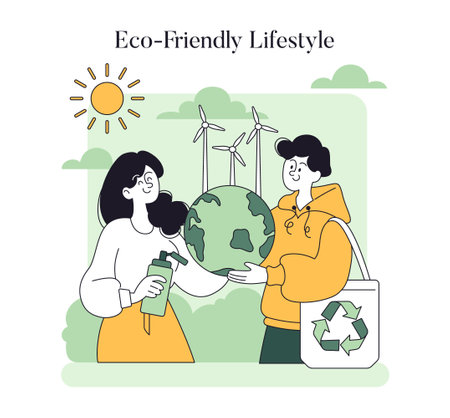 Eco-Friendly Lifestyle concept. Individuals embracing sustainability, using renewable energy, and practicing recycling. Daily life with environmental awareness. Vector illustration.のイラスト素材