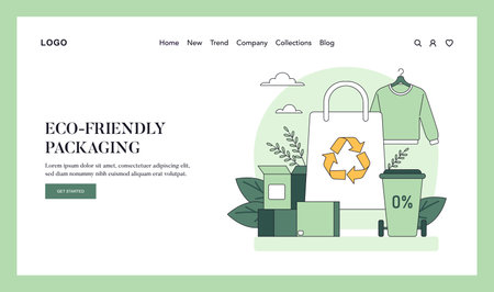 Eco-friendly packaging concept. An illustration featuring reusable bags, recycle symbols, and sustainable materials. Promoting environmental responsibility in retail. Vector illustration.のイラスト素材