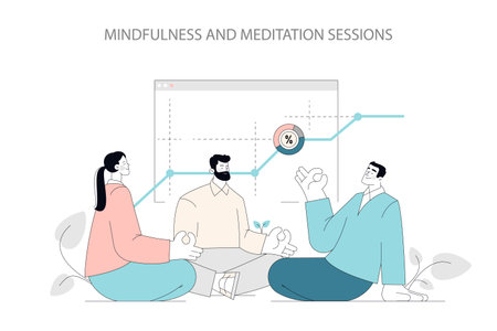 Mental Health Awareness concept. Colleagues partake in a corporate mindfulness session, enhancing wellbeing. Meditation boosts productivity at work. Vector illustration.のイラスト素材