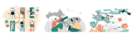 Summer Activities set. Variety of seasonal leisure actions with people swimming, camping, and sunbathing. Outdoor adventure and beach holidays. Vector illustration.のイラスト素材