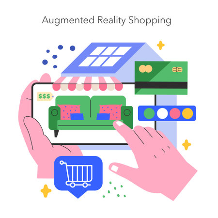 Augmented Reality Shopping concept. Digital transformation in retail with virtual purchases and online payment. Interactive consumer experience with tech innovation. Vector illustration.のイラスト素材