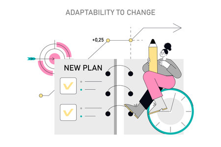 Soft Skills concept. Illustration capturing the process of adapting to change with strategic planning. Personal growth and flexibility in action. Vector illustration.のイラスト素材