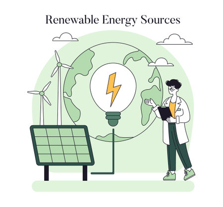 Renewable Energy Sources concept. Clean power generation featuring wind turbines, solar panel, and scientist with eco bulb. Green energy innovation. Vector illustration.のイラスト素材