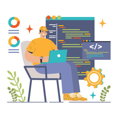 Back-end development. Coding, software engineering or programming. Software script development. Flat vector illustrationのイラスト素材