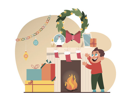 Christmas celebration. Happy boy at fireplace, decorated for Christmas. Child checking christmas stockings. Family spending time together on winter holidays. Flat vector illustrationのイラスト素材