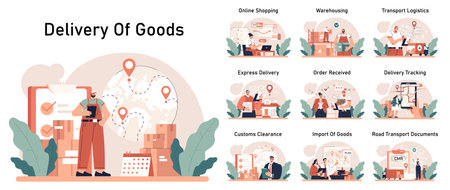 Delivery of goods set. Warehousing, logistics and delivery of customer order. Transportation and distribution service. Flat vector illustrationのイラスト素材