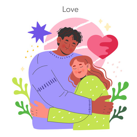 Love concept. Tender embrace of a couple surrounded by whimsical shapes and nature elements. Affectionate relationship moment. Vector illustration.のイラスト素材