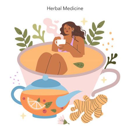 Herbal medicine concept. Wellness through natural remedies with a woman enjoying herbal tea. Comfort of healing herbs and holistic health. Vector illustration.のイラスト素材