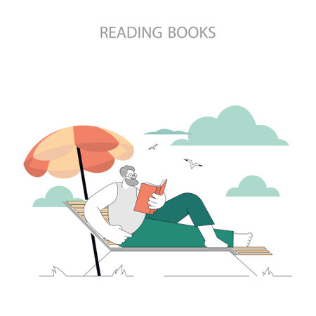Senior man enjoys a leisurely read under an umbrella on a sunny day, embodying tranquility and relaxation. Vector illustration.のイラスト素材